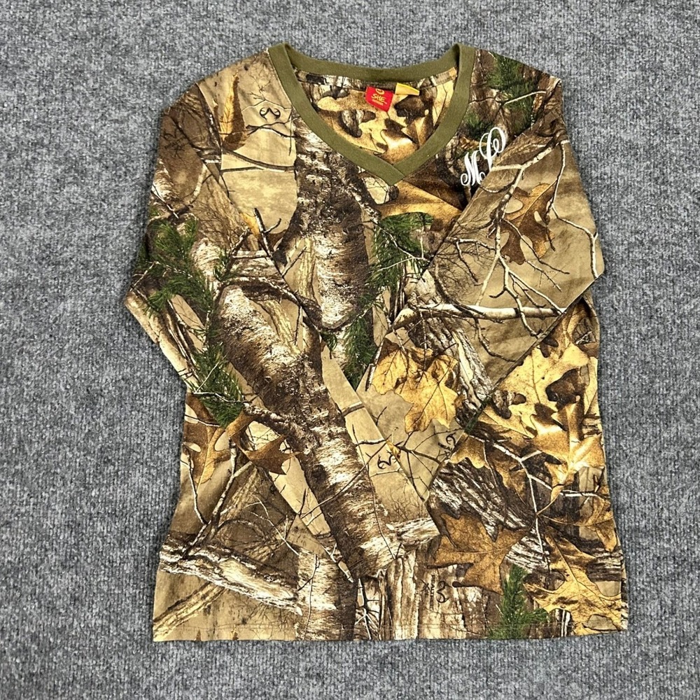 SHE Outdoor Shirt Womens Size M Realtree Xtra Camo V-Neck Long Sleeve Monogram